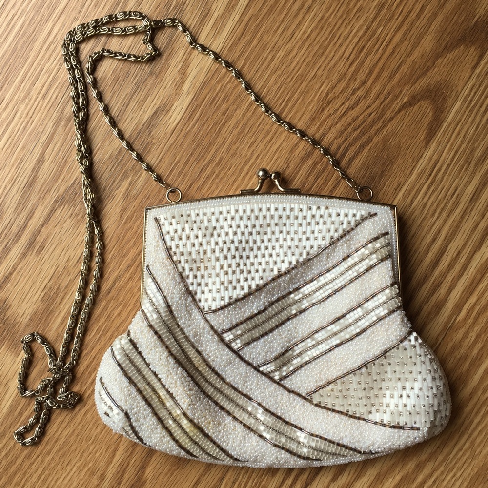 Magid Vintage Ivory & Silver Beaded Evening Bag